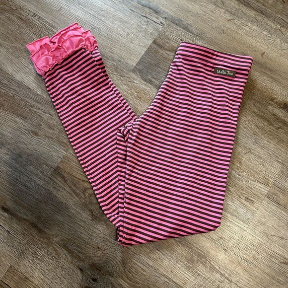 Matilda Jane Girls 14 Leggings Brown Pink Stripe Ruffle Fall Autumn - Picture 1 of 4